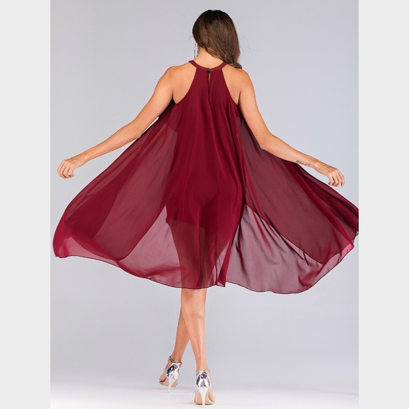 Burgundy Chiffon Overlay Bodycon Mini Dress - Picture 3 of 9